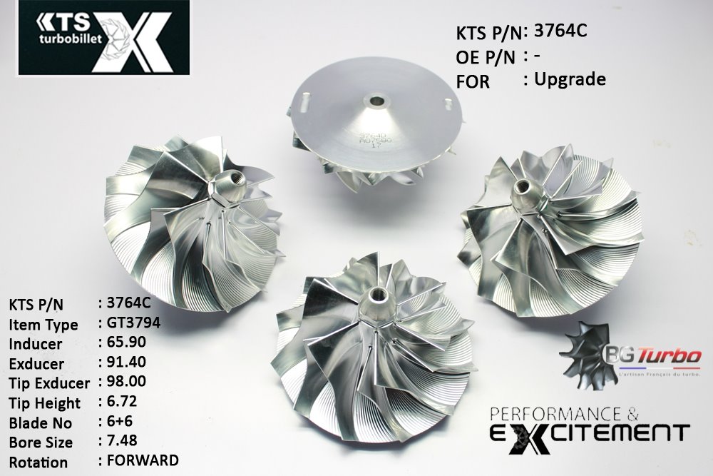 Turbo ROUE FORGÉE MFS PERFORMANCE - 6+6 PALES - INDUCER : 65,9 - EXDUCER : 91,4 - TYPE : GT3794ANGLE : 45° - ROTATION : Forward - SUPER BACK : 5,55 - BORE SIZE : 7,48
